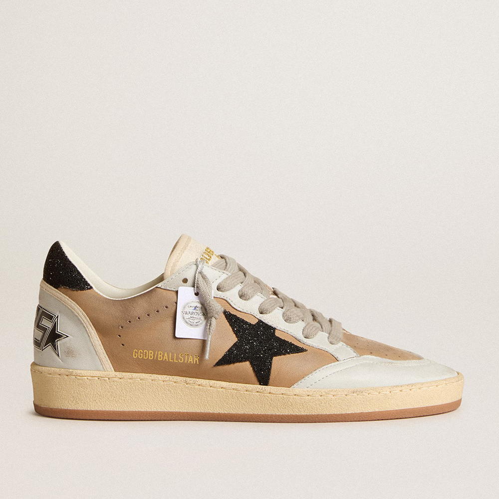 Golden Goose Ball Star In Beige Nubuck And Nappa With Black Swarovski Crystal Star