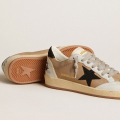 Golden Goose Ball Star In Beige Nubuck And Nappa With Black Swarovski Crystal Star