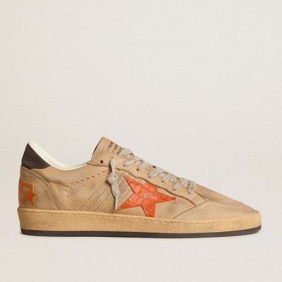 Golden Goose Ball Star In Beige Nubuck With Croc-print Leather Star And Nubuck Heel Tab