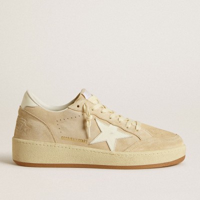 Golden Goose Ball Star In Beige Suede With White Leather Star And Heel Tab