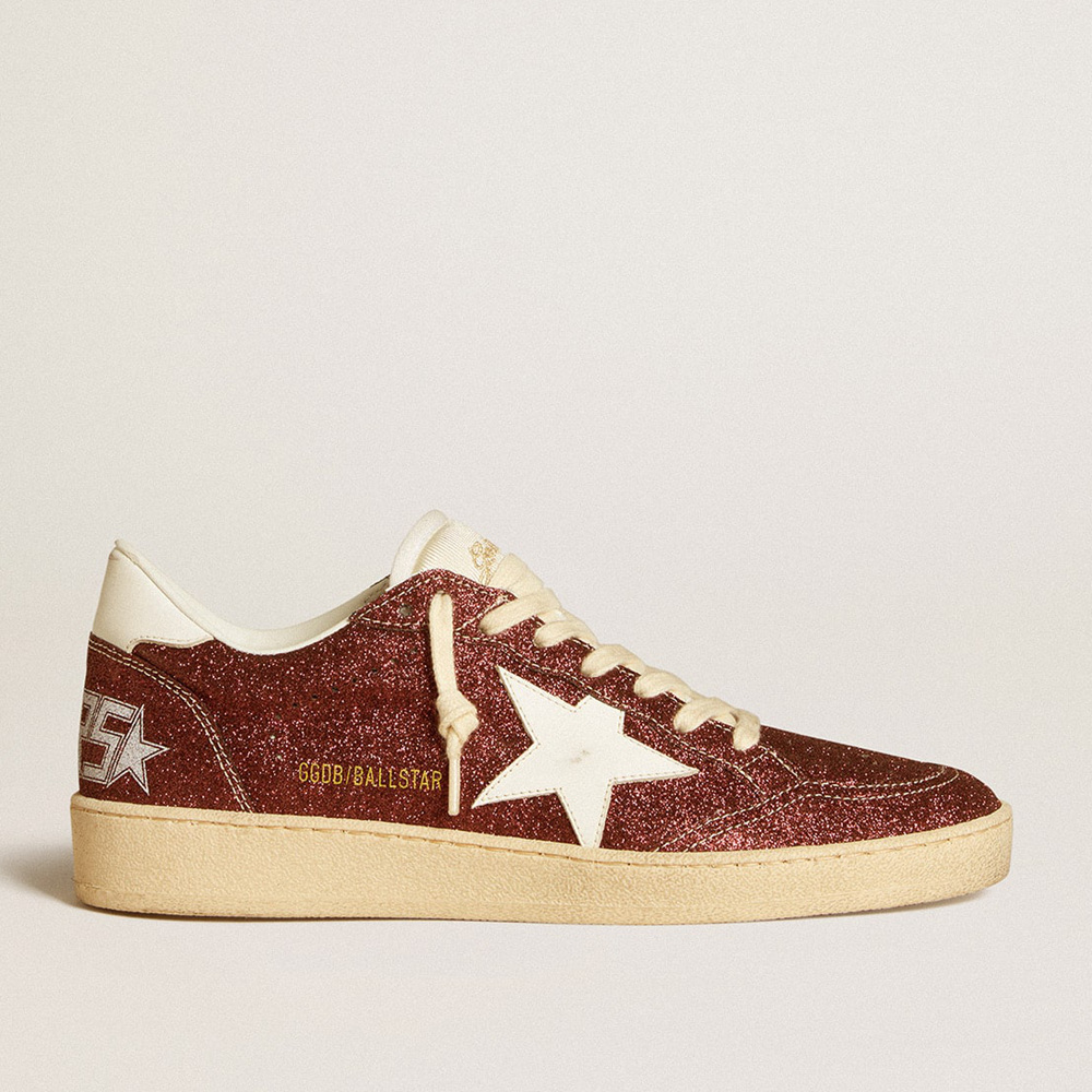 Golden Goose Ball Star In Burgundy Glitter With White Leather Star And Heel Tab