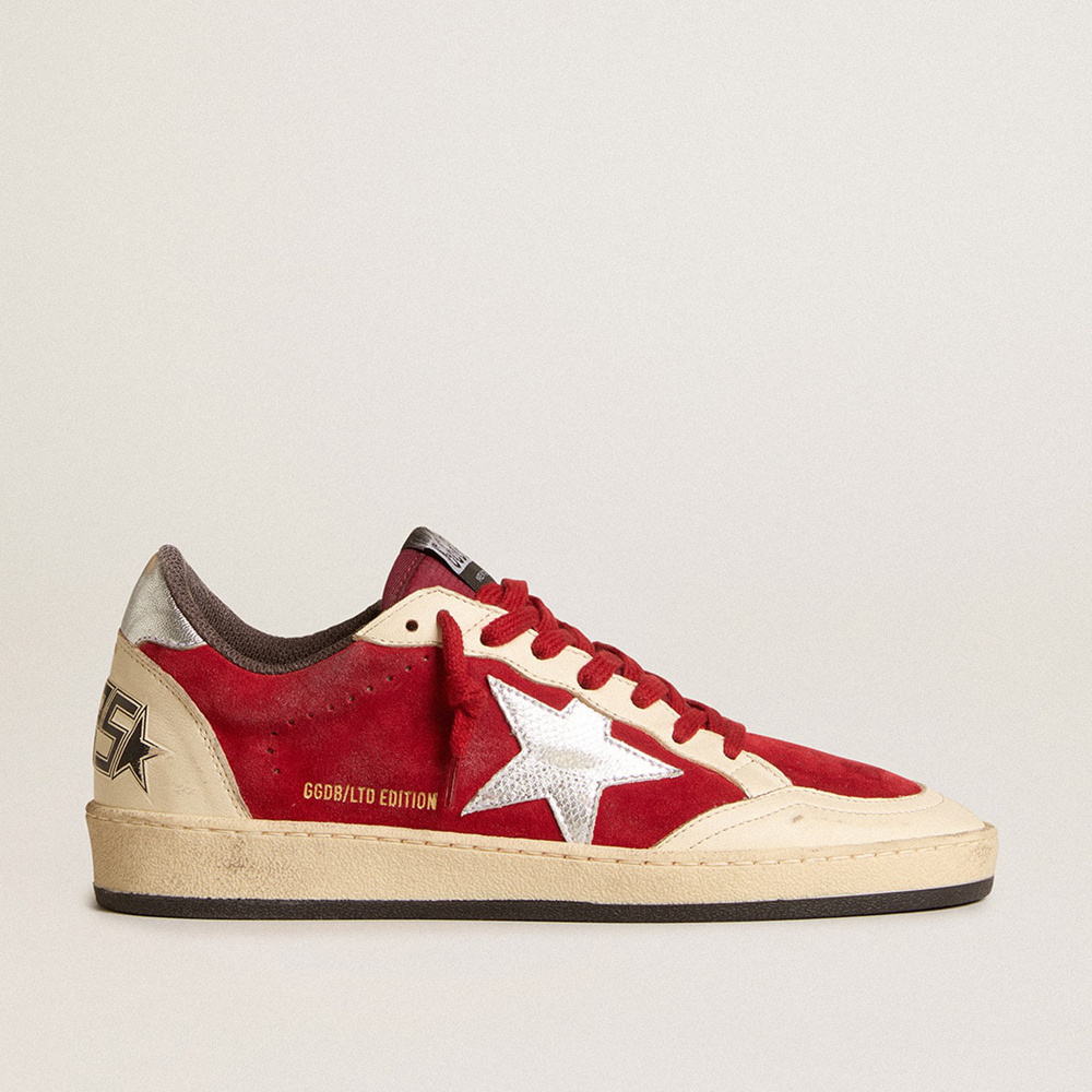 Golden Goose Ball Star In Burgundy Suede With Silver Leather Star And Heel Tab