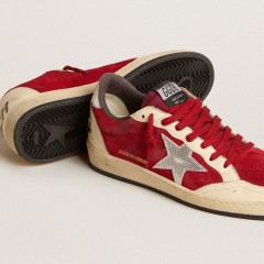 Golden Goose Ball Star In Burgundy Suede With Silver Leather Star And Heel Tab