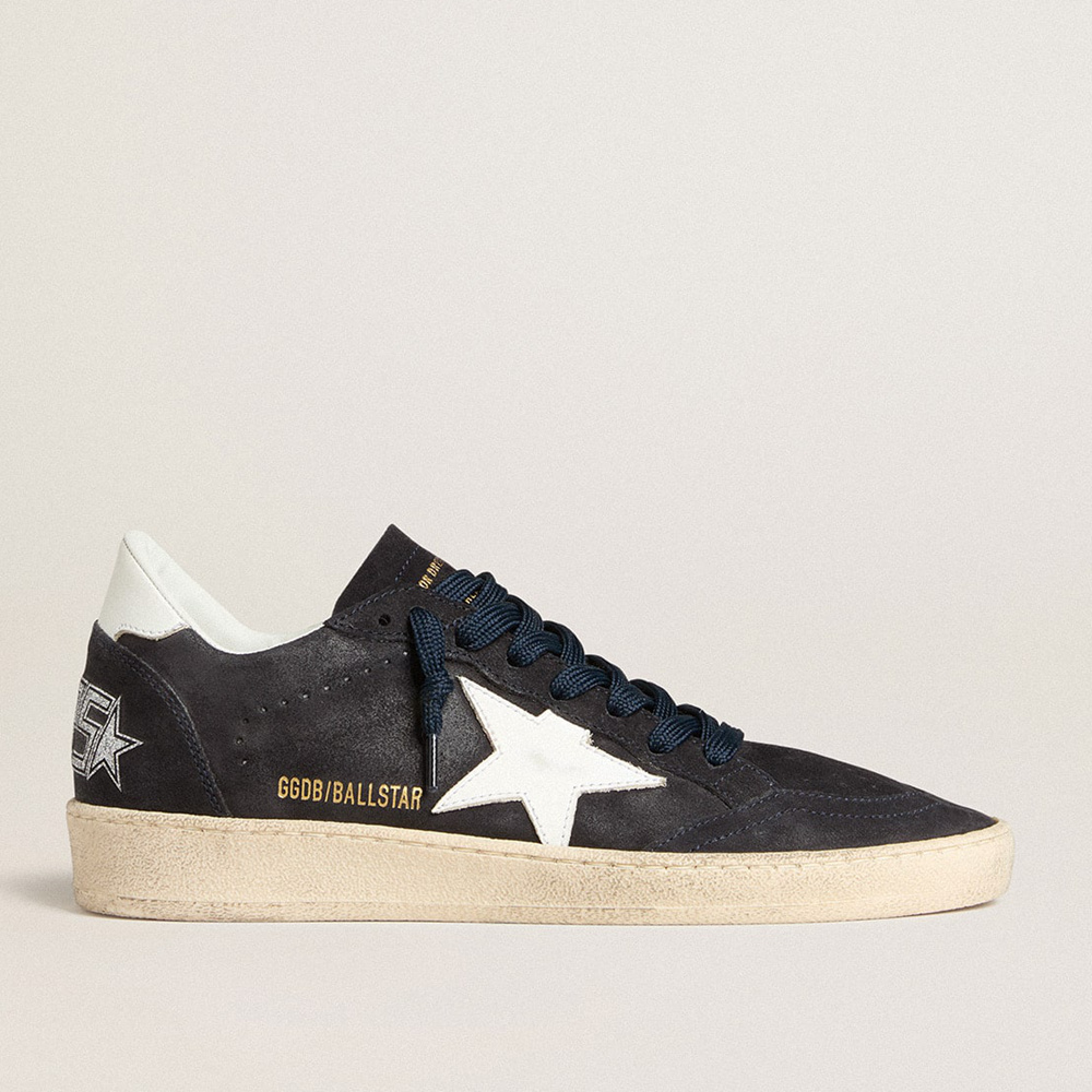 Golden Goose Ball Star In Dark Blue Suede With Leather Star And Heel Tab