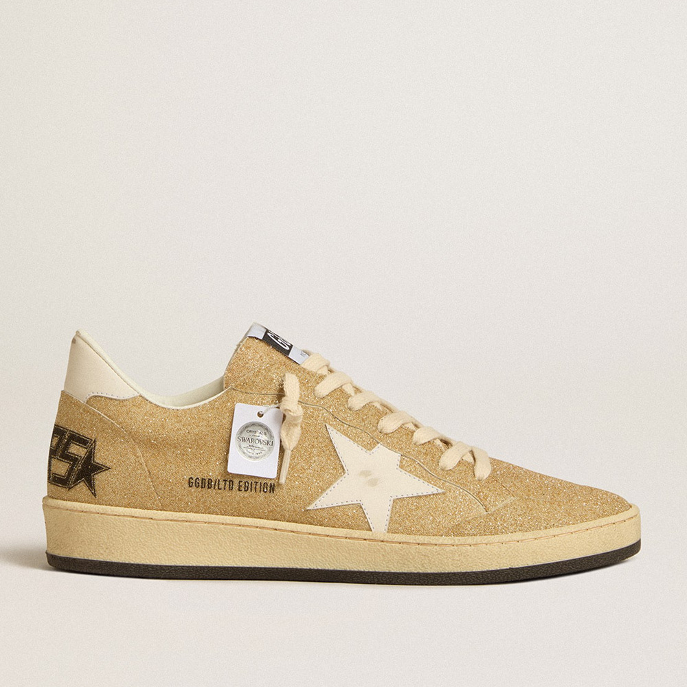 Golden Goose Ball Star In Golden Swarovski Crystals With Milk-white Leather Star