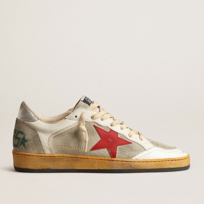 Golden Goose Ball Star In Gray Suede With Red Star And Silver Heel Tab