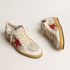 Golden Goose Ball Star In Gray Suede With Red Star And Silver Heel Tab