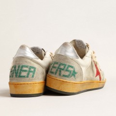 Golden Goose Ball Star In Gray Suede With Red Star And Silver Heel Tab