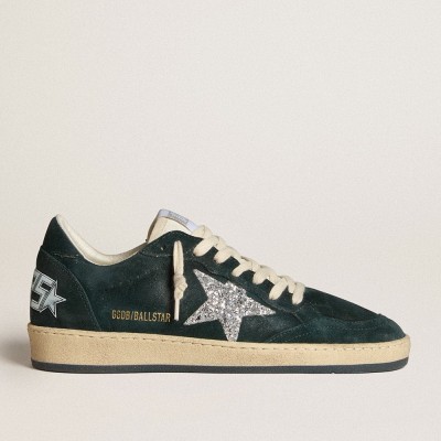 Golden Goose Ball Star In Green Suede With Silver Glitter Star