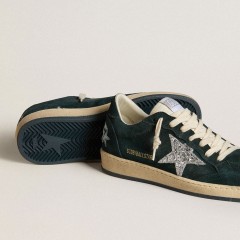 Golden Goose Ball Star In Green Suede With Silver Glitter Star