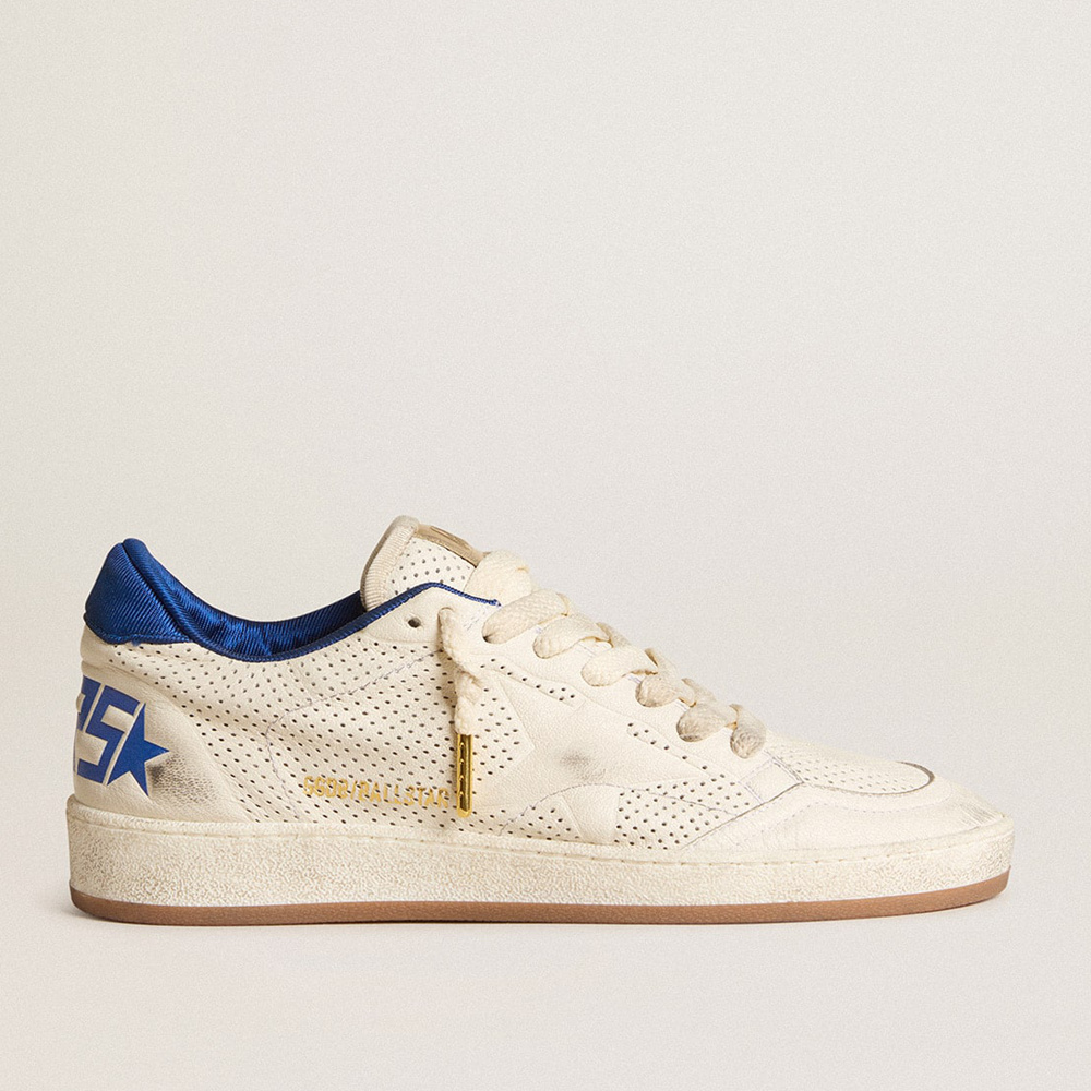 Golden Goose Ball Star In Perforated Nappa With White Star And Blue Nylon Heel Tab