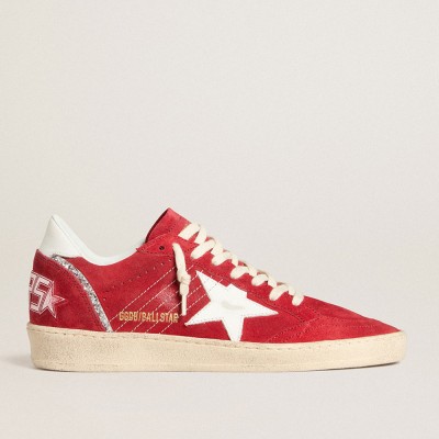 Golden Goose Ball Star In Red Suede With White Leather Star And Heel Tab