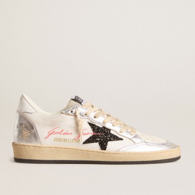 Golden Goose Ball Star In White Mesh With Black Glitter Star And Silver Inserts