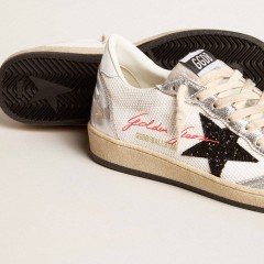 Golden Goose Ball Star In White Mesh With Black Glitter Star And Silver Inserts