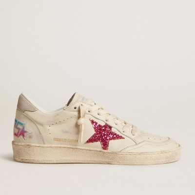 Golden Goose Ball Star LTD With Fuchsia Glitter Star And Light Gray Suede Heel Tab