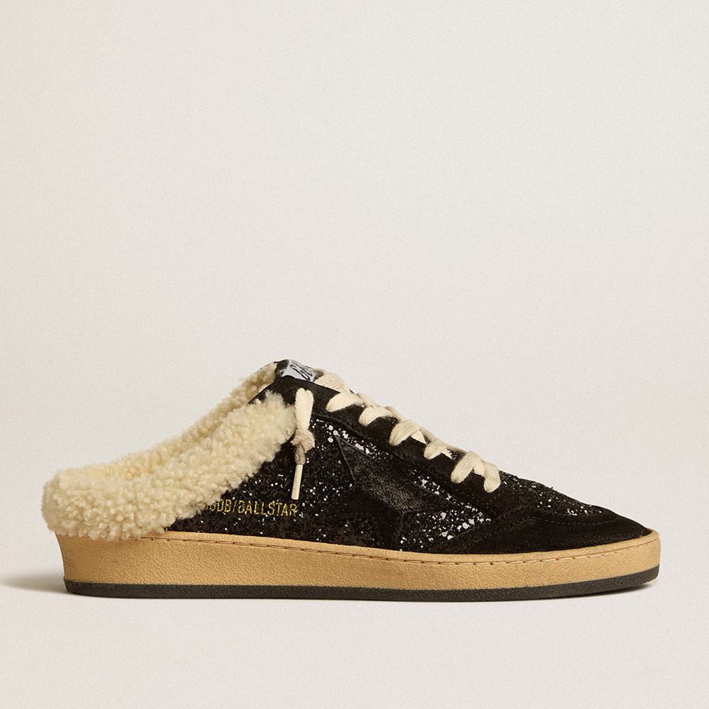 Golden Goose Ball Star Sabots In Black Glitter With Black Star And Shearling Lining