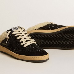 Golden Goose Ball Star Sabots In Black Glitter With Black Star And Shearling Lining