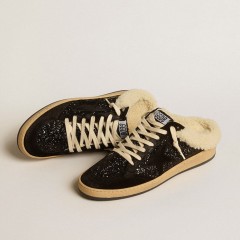 Golden Goose Ball Star Sabots In Black Glitter With Black Star And Shearling Lining