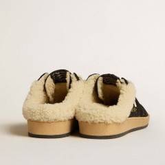 Golden Goose Ball Star Sabots In Black Glitter With Black Star And Shearling Lining