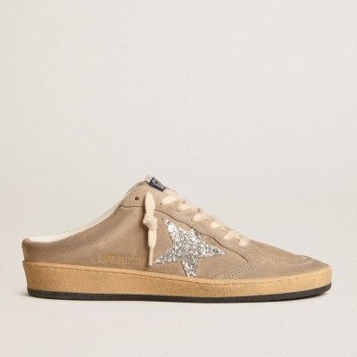 Golden Goose Ball Star Sabots In Dove-gray Suede With Silver Glitter Star