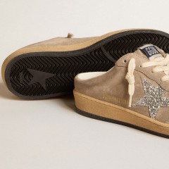 Golden Goose Ball Star Sabots In Dove-gray Suede With Silver Glitter Star