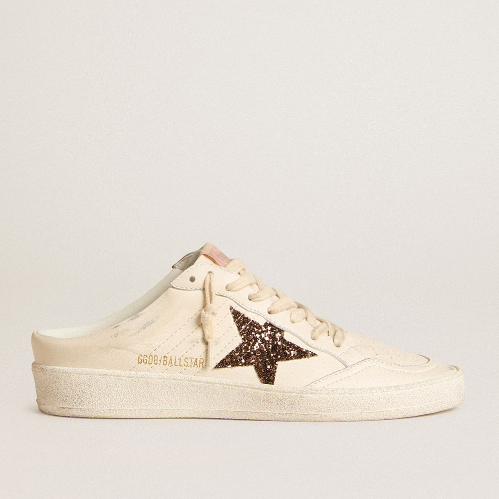 Golden Goose Ball Star Sabots In Ivory Nappa With Bronze Glitter Star