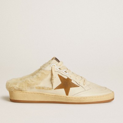 Golden Goose Ball Star Sabots In Leather With Suede Star And Beige Shearling Lining