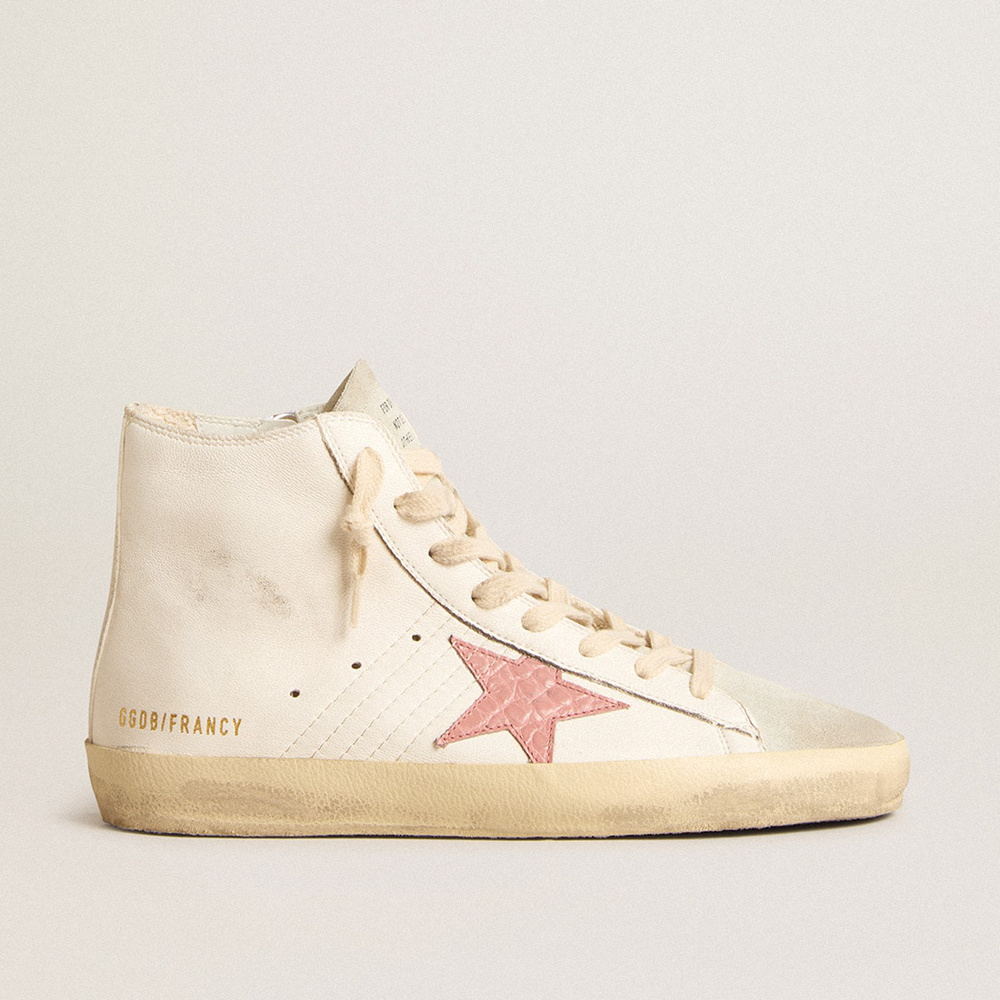 Golden Goose Francy In Cream Nappa With Pink Crocodile-print Leather Star