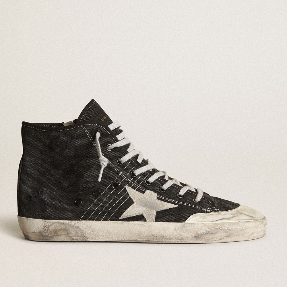 Golden Goose Francy Penstar In Black Canvas With White Suede Star And Black Suede Heel Tab