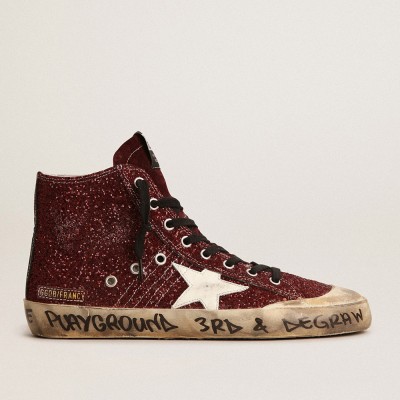 Golden Goose Francy Penstar In Burgundy Glitter With White Leather Star