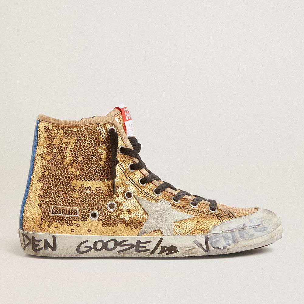 Golden Goose Francy Penstar In Gold Glitter With Suede Star And Bright Blue Heel Tab