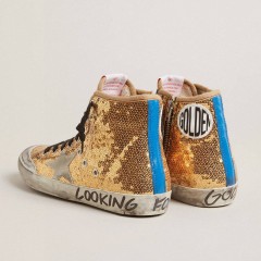 Golden Goose Francy Penstar In Gold Glitter With Suede Star And Bright Blue Heel Tab