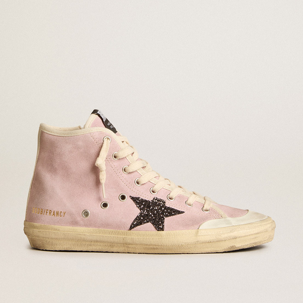 Golden Goose Francy Penstar In Pink Suede With Gray Glitter Star