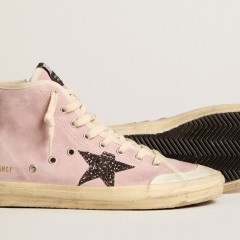 Golden Goose Francy Penstar In Pink Suede With Gray Glitter Star