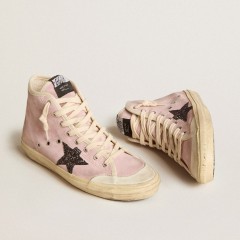 Golden Goose Francy Penstar In Pink Suede With Gray Glitter Star