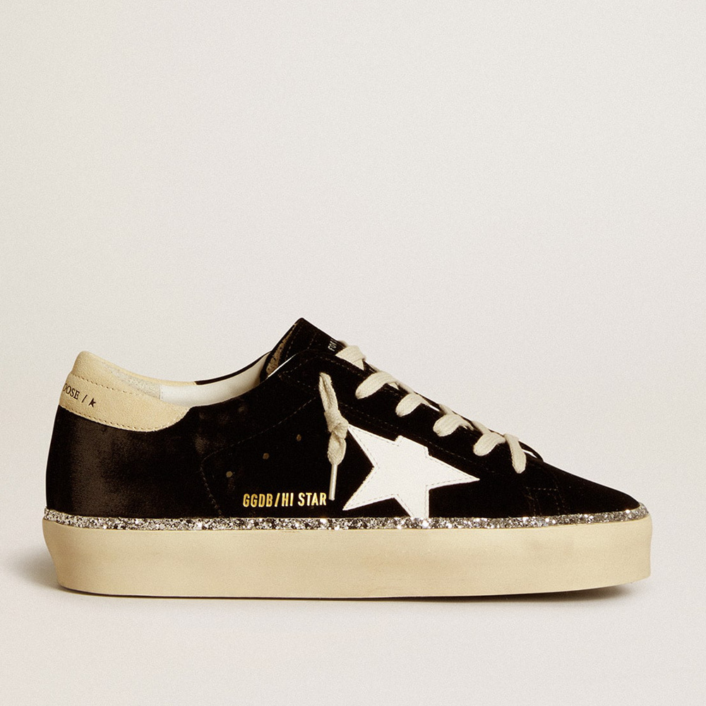 Golden Goose Hi Star In Black Velvet With White Leather Star And Suede Heel Tab