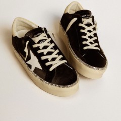 Golden Goose Hi Star In Black Velvet With White Leather Star And Suede Heel Tab