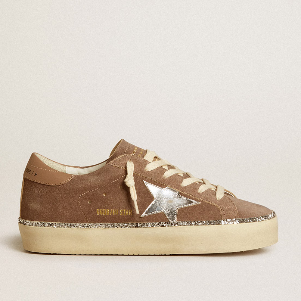 Golden Goose Hi Star In Suede With Silver Leather Star And Leather Heel Tab