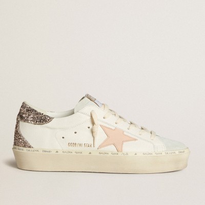 Golden Goose Hi Star In White Nappa With Pink Leather Star And Glitter Heel Tab