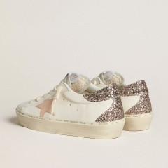 Golden Goose Hi Star In White Nappa With Pink Leather Star And Glitter Heel Tab