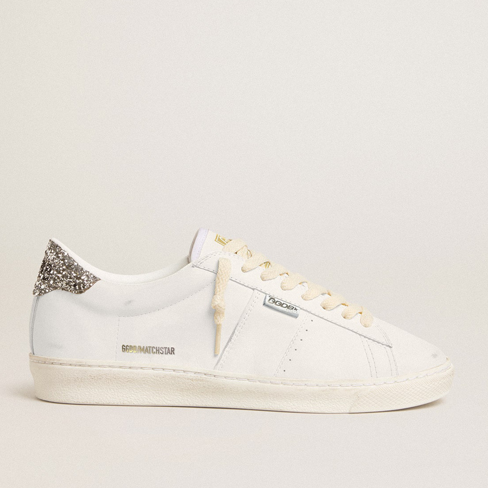 Golden Goose Matchstar In White Leather With Silver Glitter Heel Tab