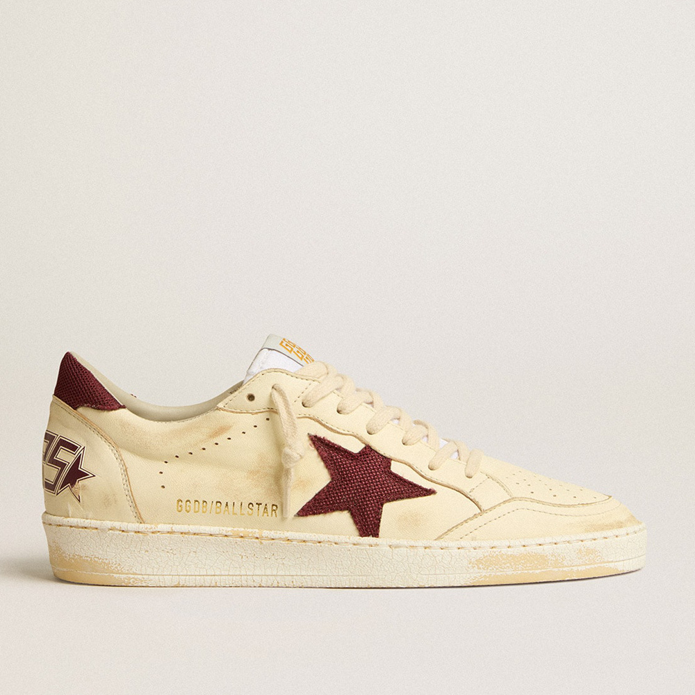 Golden Goose Men's Ball Star In Beige Nappa With Burgundy Mesh Star And Heel Tab