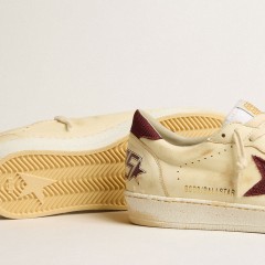 Golden Goose Men's Ball Star In Beige Nappa With Burgundy Mesh Star And Heel Tab