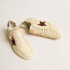 Golden Goose Men's Ball Star In Beige Nappa With Burgundy Mesh Star And Heel Tab