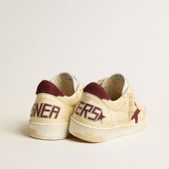 Golden Goose Men's Ball Star In Beige Nappa With Burgundy Mesh Star And Heel Tab