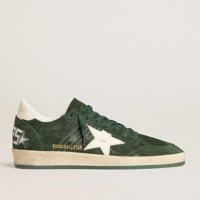 Golden Goose Men's Ball Star In Green Suede With White Leather Star And Heel Tab