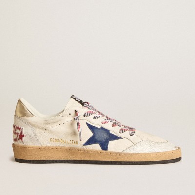 Golden Goose Men's Ball Star In Nappa Leather With Blue Suede Star And Platinum Leather Heel Tab