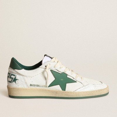 Golden Goose Men's Ball Star In White Nappa Leather With Green Leather Star And Heel Tab