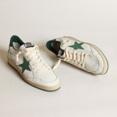 Golden Goose Men's Ball Star In White Nappa Leather With Green Leather Star And Heel Tab