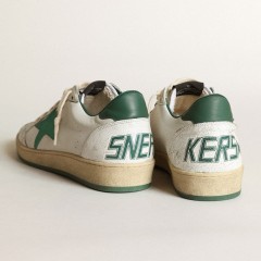 Golden Goose Men's Ball Star In White Nappa Leather With Green Leather Star And Heel Tab